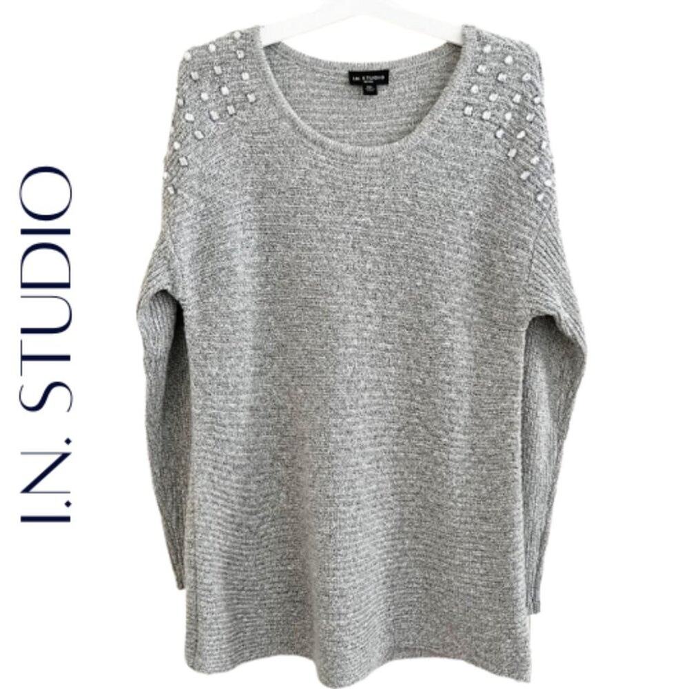 I.N. STUDIO Petite Gray Knit Sweater with Gemstone Detail - XLP, NWT!